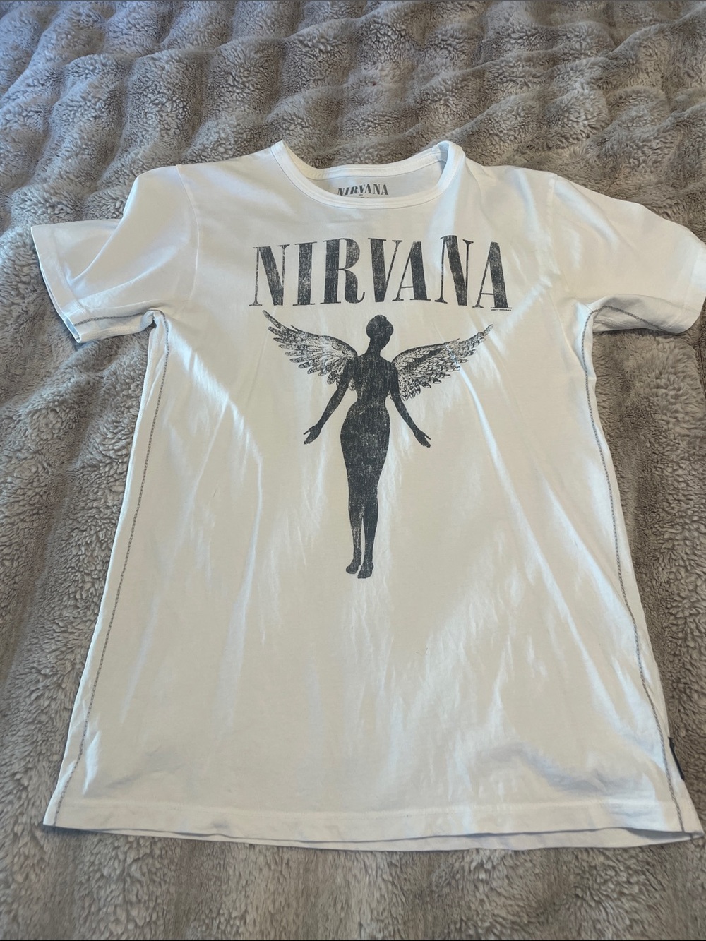 NIRVANA White oversized Graphic Tee with Black Angel Print